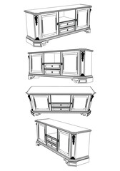 Elegant antique armchair furniture and home interior decorations in trendy vintage retro style. Modern hand drawn black sketch vector illustrations isolated on white background