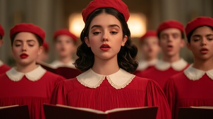 Obraz premium Young Woman Singing in Red Choir Robe Christmas Carol Holiday Season