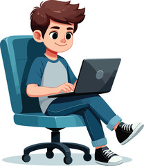 a boy is using his laptop vector