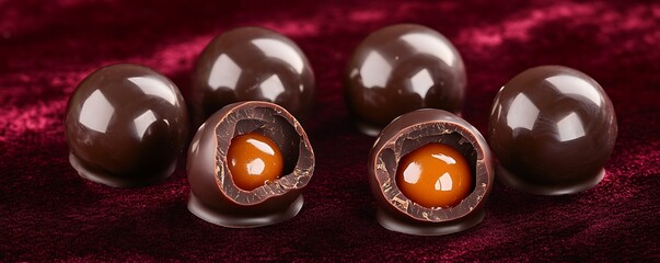 Gourmet chocolate spheres with caramel filling on a deep red velvet background