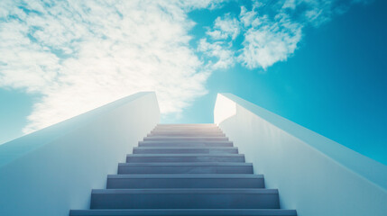 White staircase ascending to blue sky with clouds