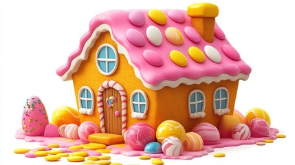 Whimsical candy house with colorful decorations and sweet treats all around