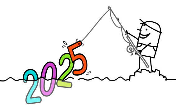 Cartoon Man Fishing a big colored 2025 sign