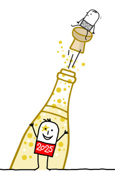 Cartoon 2025 Man in a Champagne bottle, and a small 2024 guy on the cap