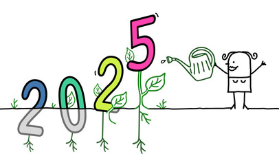Cartoon Gardener Woman Watering a big colored 2025 sign