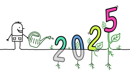 Cartoon Gardener Man Watering a big colored 2025 sign