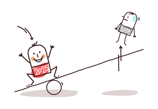 Cartoon 2025 man Jumping on a teeter board, and bumping Off a 2024 Guy