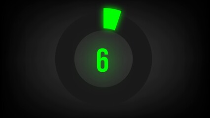 Numerical counting 6. Circular progress bar with bright neon green light in 6%.