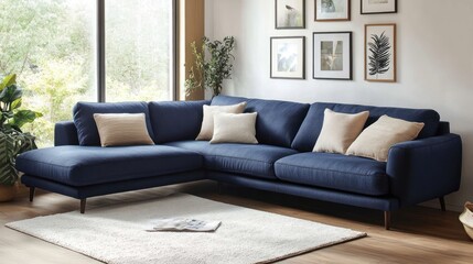 Fototapeta premium Modern navy blue sectional sofa in living room.