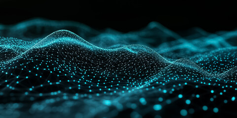 
A glowing, interconnected circuit grid in shades of blue and green over a dark black background, evoking high-tech, futuristic themes