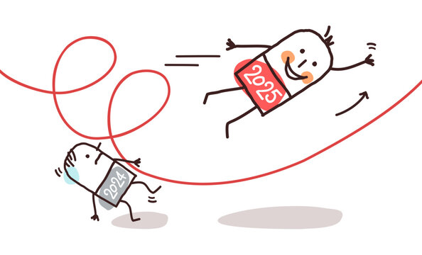Cartoon 2025 Flying and Looping man, pushing down a 2024 Guy