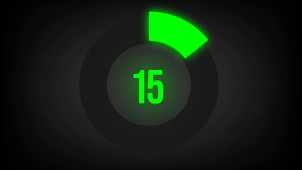 Numerical counting 15. Circular progress bar with bright neon green light in 15%.