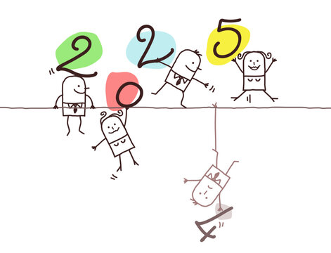 Cartoon Men and Women playing on a wire, with 2025 sign