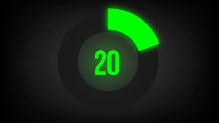 Numerical counting 20. Circular progress bar with bright neon green light in 20%.