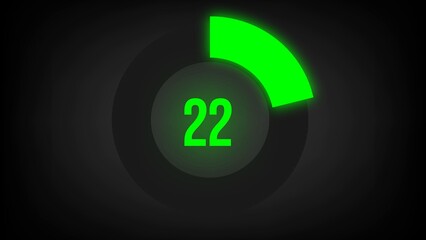 Numerical counting 22. Circular progress bar with bright neon green light in 22%.