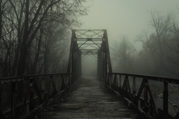 Serene wooden bridge over calm water surrounded by lush greenery at dusk in a tranquil forest setting