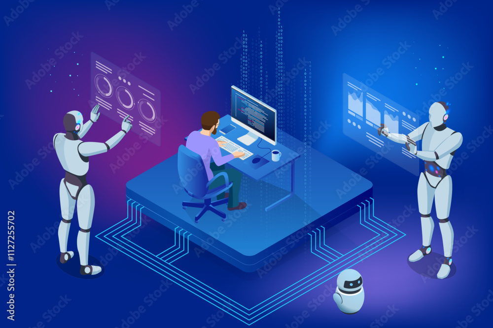 Poster isometric ai-powered robot ensuring information privacy through advanced cybersecurity measures. it 