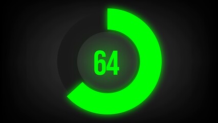 Numerical counting 64. Circular progress bar with bright neon green light in 64%.