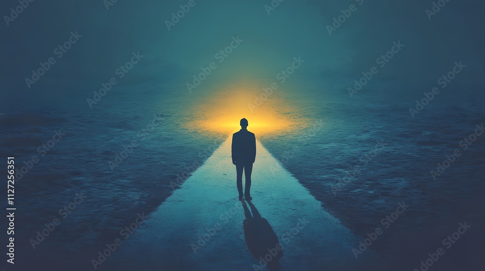 Poster a solitary figure stands in a misty landscape illuminated by a warm glow, creating a sense of myster