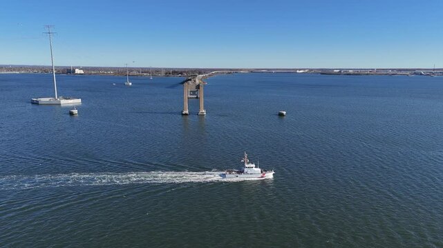 Francis Scott Key Bridge Interstate 695 in Baltimore, Maryland, post partial collapse from collision by container ship Dali 4K Aerial Drone Shot