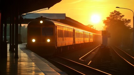 Naklejka premium Sunrise illuminates a passenger train arriving at a station platform.