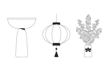 Traditional chinese furniture decorations black and white 2D line objects set. Vintage oriental table, hanging lantern, blossoms isolated clip arts vector outline items. Monochrome spot illustrations