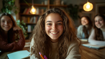 Fototapeta premium Cheerful Female Students Having Fun in Cozy Study Space