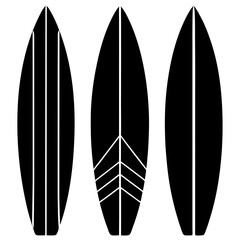 Black surfboard collection shape icons. Set of surfing board shapes art front view. Board elements silhouette art & illustration.