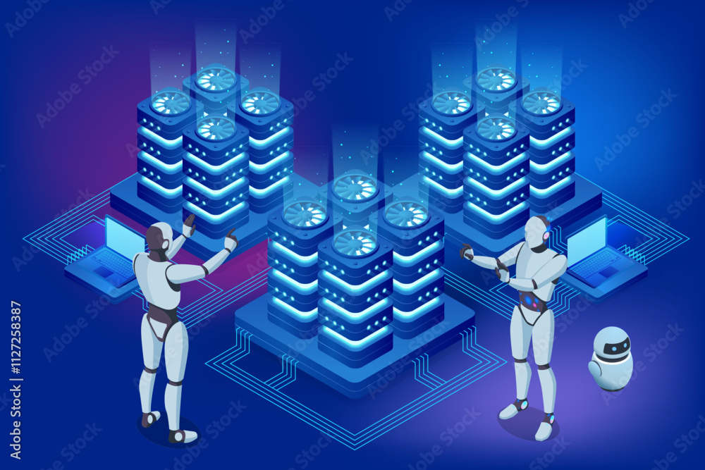 Poster isometric ai-powered robot ensuring information privacy through advanced cybersecurity measures. it 
