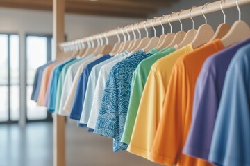 Obraz premium Colorful t-shirts hanging on hangers. Generative AI