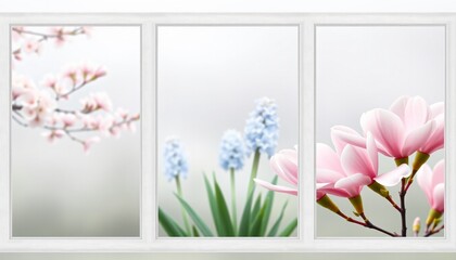 Obraz premium Triptych focused on spring blossoms against a foggy morning background, The panel should showcase cherry blossoms in soft pink and white, partially shrouded in mist.