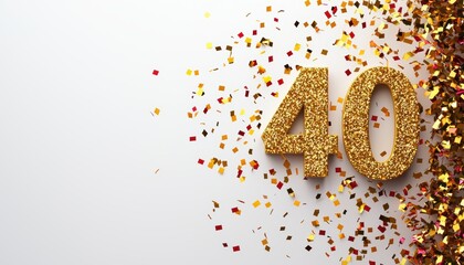 A sparkling gold "40" surrounded by colorful confetti on a white background, celebrating a milestone birthday or anniversary.