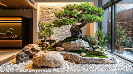 Serene indoor bonsai garden with rocks and moss