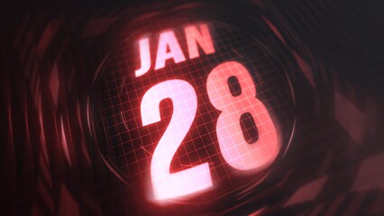 January 28st, hud calendar with neon red sign in 4k. Calendar with number and month with grid background.