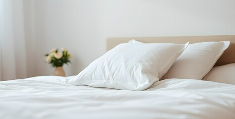 Cozy Minimalist Bedroom with White Bedding and Flowers

