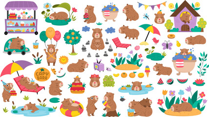 Big vector capybara set. Cute capibara animals collection with bath, fruit, reeds, birds. Funny guinea pigs meditating, sleeping, relaxing, swimming with tangerines, eating ice-cream, having fun