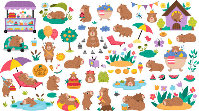 Big vector capybara set. Cute capibara animals collection with bath, fruit, reeds, birds. Funny guinea pigs meditating, sleeping, relaxing, swimming with tangerines, eating ice-cream, having fun