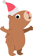 Vector capybara icon. Cute capibara in Santa hat. Funny happy animal Christmas or New Year illustration isolated on white background. Comic trendy holiday guinea pig clipart