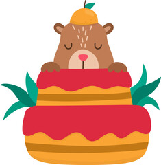 Vector capybara icon. Cute capibara sitting in tangerine cake with closed eyes. Funny happy animal illustration isolated on white background. Comic trendy guinea pig clipart