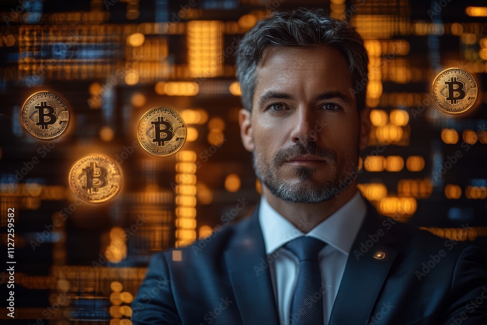Poster modern businessman posing confidently with floating bitcoin symbols in a sleek, futuristic backgroun