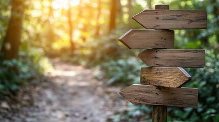 Wooden direction sign in forest with sunlight - obrazy, fototapety, plakaty