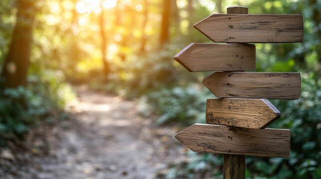 Wooden direction sign in forest with sunlight