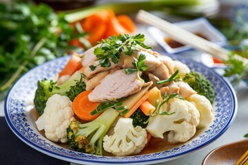 close-up shot of a plate of stir-fried vegetables with chicken.