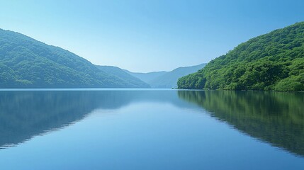 Fototapeta premium Serene lake reflecting lush green hills under a clear blue sky.