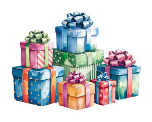 Colorful gift boxes with ribbons stacked together for celebration in a festive setting isolated on transparent background