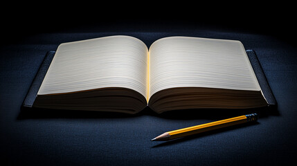 Naklejka premium Open book and pencil on dark background for career planning