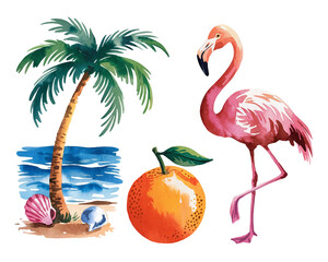 Fototapeta premium Colorful tropical scene featuring a palm tree, flamingo, and orange fruit by the ocean