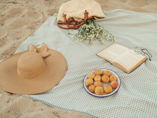 A cozy beach picnic setup featuring a straw hat, a plate of apricots, a book, and a woven bag with flowers on a checkered blanket. Ideal for concepts of relaxation, summer, and leisure.