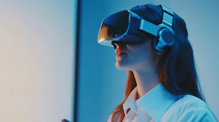 Businesswoman wearing vr headset is exploring metaverse and interacting with virtual reality