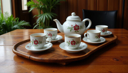 Elegant tea set arranged on a wooden tray with fresh greenery in a cozy setting
